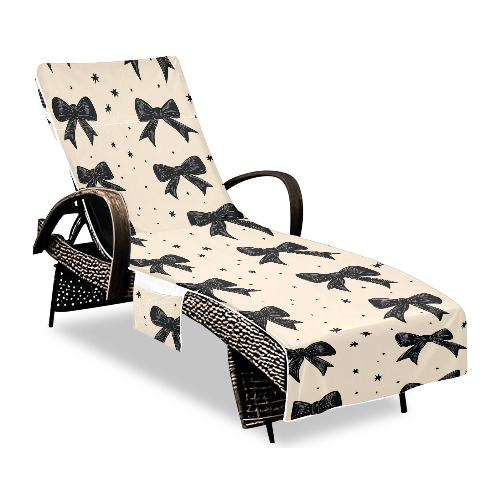 BOESI Graffiti Black Bow Beach Chair Towel, Outdoor Pool Chair Cover, with Pockets, Suitable for Outdoor Beach Garden Sunbathing, 85'' x 30''