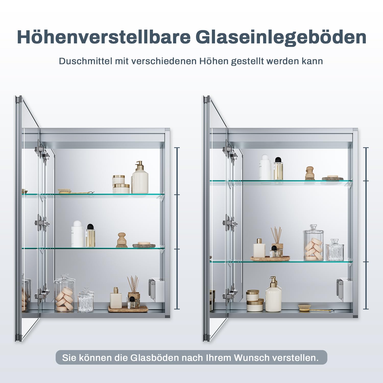 SONNI Premium Aluminium Spiegelschrank Bad 50x70cm mit LED Beleuchtung - Innovatives Kabelloses Scharnier, Innenbeleuchtung, Rundum verspiegelt, Steckdose & Anti-Beschlag - Vormontiert