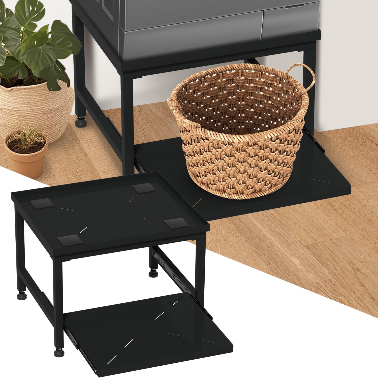 Herrselsam Soporte para lavadora con cajón, 45,5 cm de altura, capacidad de carga de 200 kg, soporte con patas ajustables y almohadillas antivibraciones, pedestal para secadora, frigorífico, lavadora