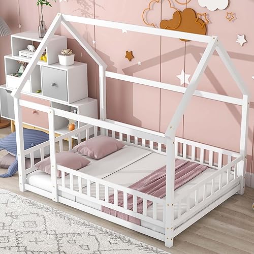 Miniatura 13 de Altillo Cama de casa con valla, camas Montessori de madera para niños con techo, cama de tienda, cama de piso de madera, marco de cama estilo casa