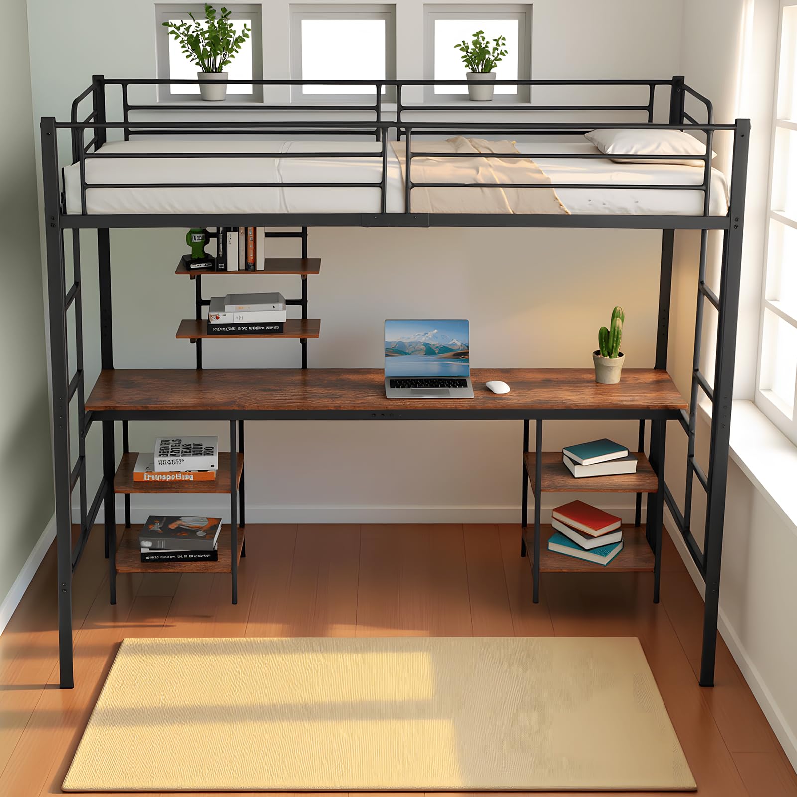 Letto a soppalco in metallo 90 x 200 cm, letto a soppalco con scrivania e librerie, Stile industriale, Letti per bambini, ragazzi e adulti, Nero