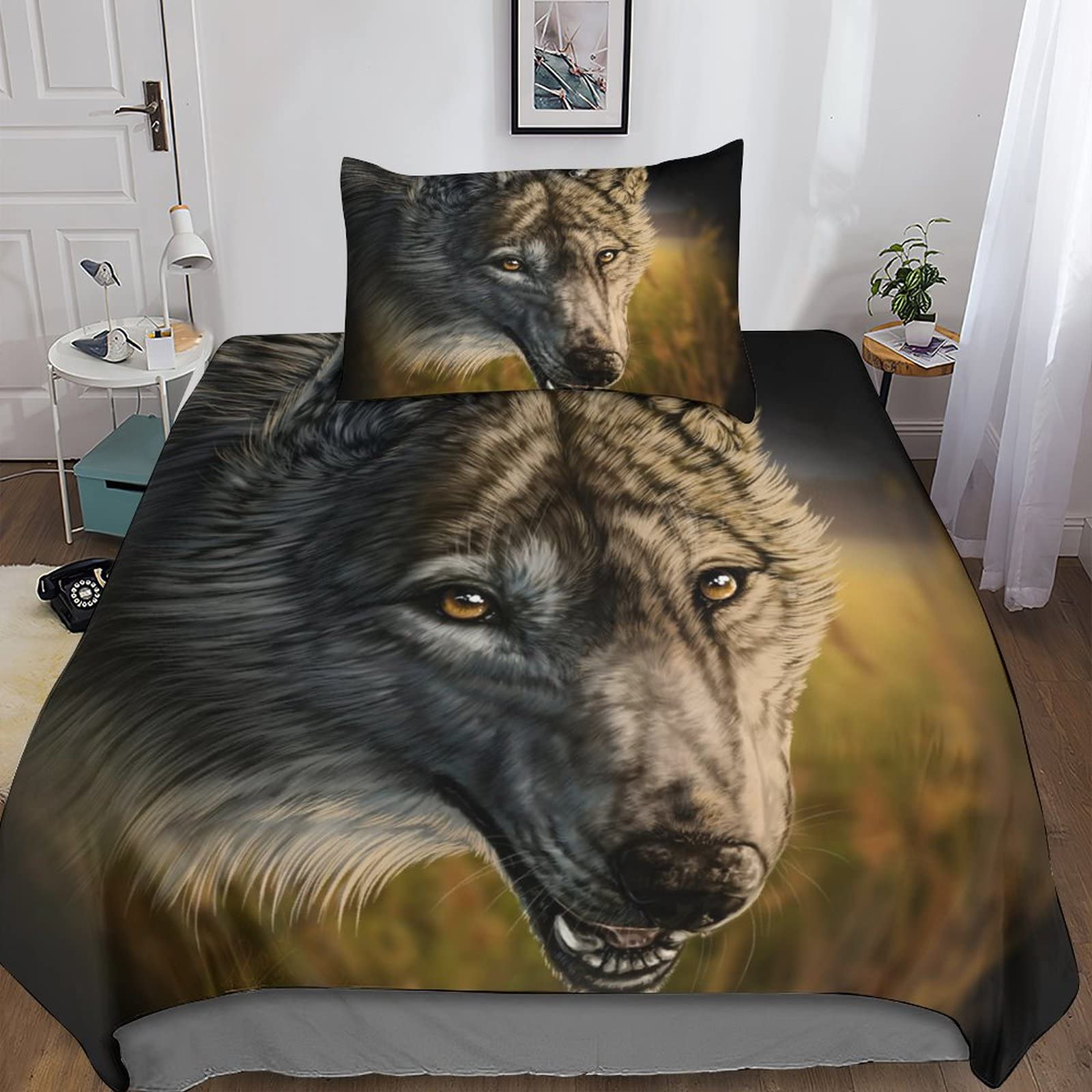 Housse de couette loup 3D 135x200cm en microfibre avec taie d'oreiller pour lit enfant