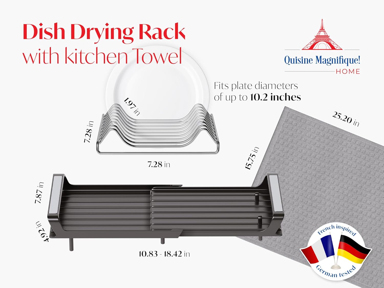 Dish Drying Rack - Adjustable in Length - Including Kitchen Towel - Kitchen Essential for Cleaning, Black