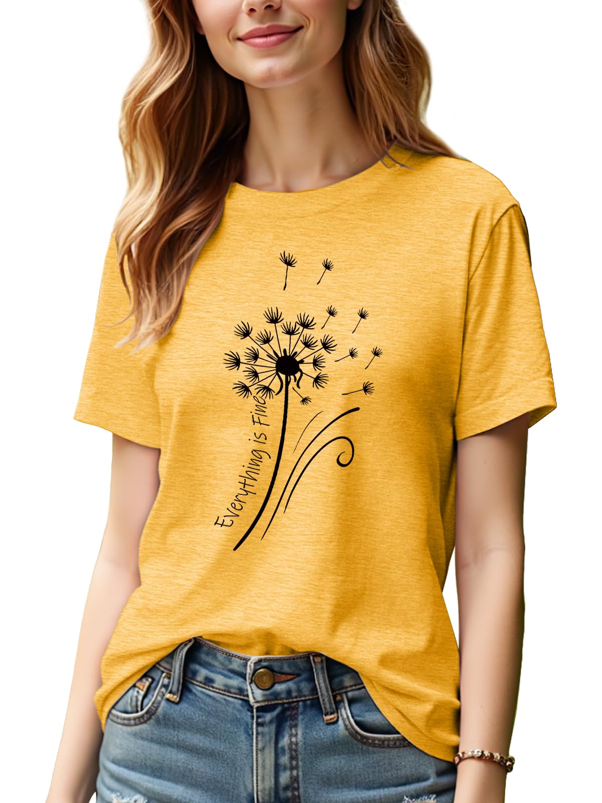 BYIPY Womens T Shirts Everything is Fine Dandelion Graphic Tees Short Sleeve Crewneck Summer Tops Trendy 2025