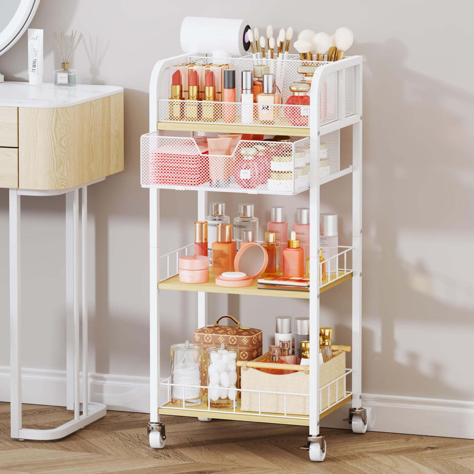 HapiRm Makeup Organizer Storage Cart - 4 Tier Skincare Make Up Storage with Drawer, Rolling Makeup Cart Vanity Organizer Cosmetics Display Cases Holder for Skin Care Perfume Nail Polish Brush