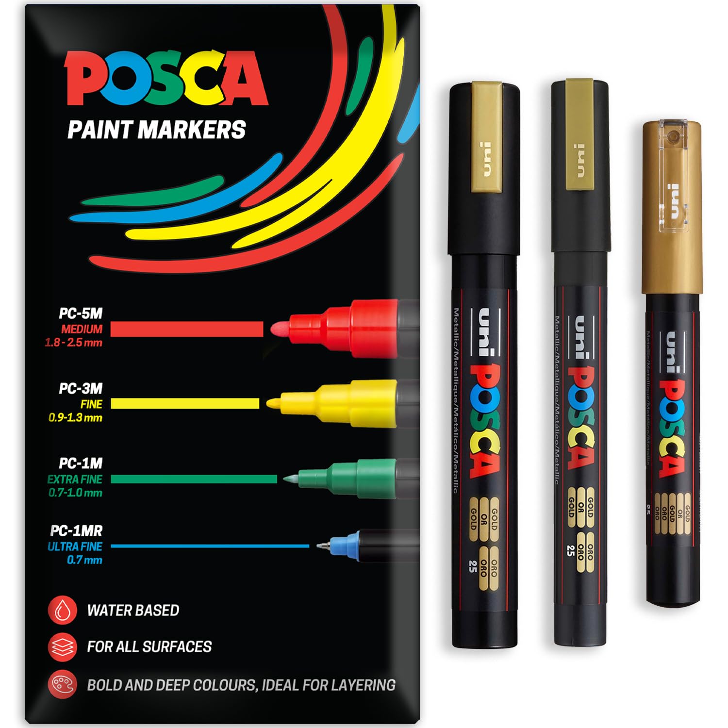 Posca Water Based Acrylic Paint Marker Pens | Multi Surface Use Permanent Paint Pen | Pack of 3 Pens in Envelope Gift Packaging | Glass Fabric Canvas Wood etc | PC-1M, PC-3M, PC-5M, Gold