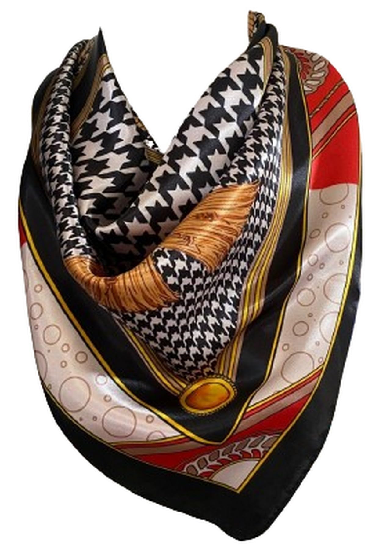 Women’s Houndstooth Print Silk Scarf Satin Large Square Bandana Neck Hair Scarf, Beach Bandanas, Head Scarves, Neckerchief (Black)