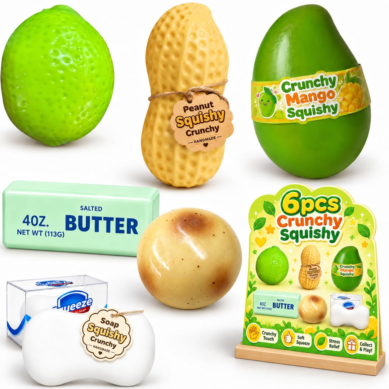 6PCS Crunchy Squishy Set Crunchy Squishies Squeeze Stress Ball