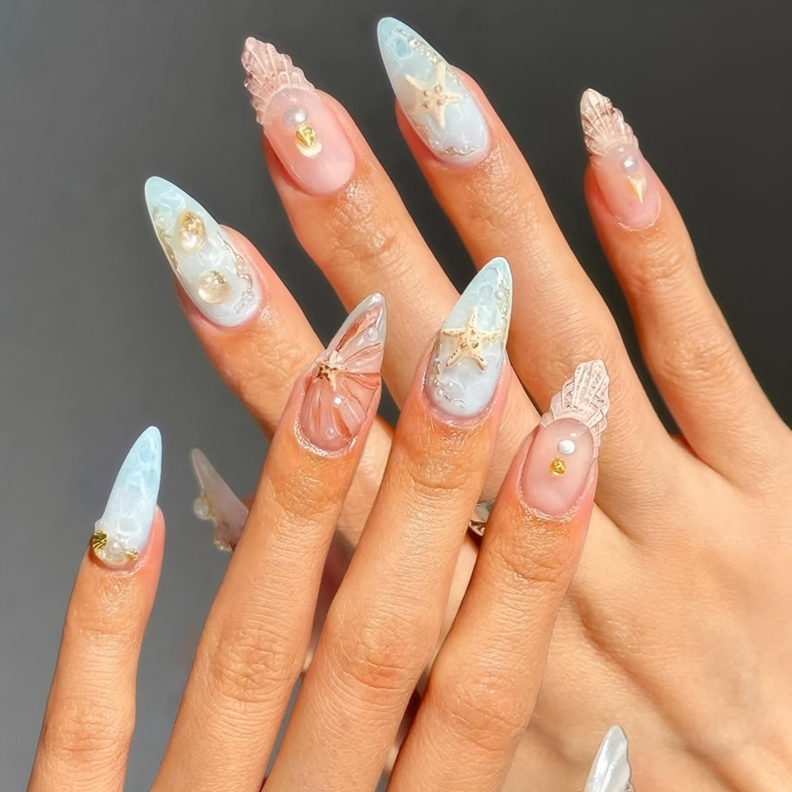 Rchovsam Almond Press on Nails Medium False Nail Summer Ocean Style Designs Fake Nails Gold Stick on Nail Acrylic Full Cover Press Ons Gift for Women