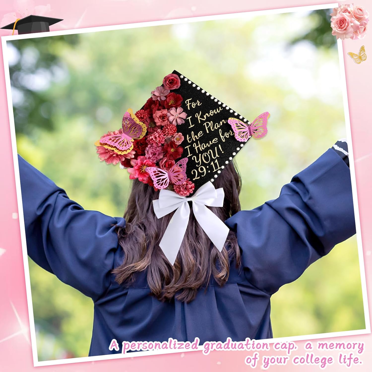 55 Pcs Rose Red DIY Graduation Cap Decorations Faux Assorted Flowers White Bows 3D Butterfly Stickers Glitter Alphabet Letter Number Decals for DIY Hat Grad Cap Topper Graduation Party Supplies