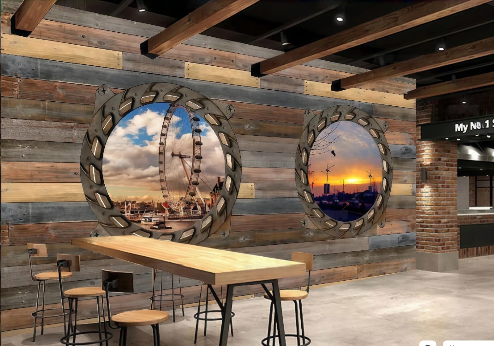 XDOUBAO Wallpaper Retro Wooden Board Three-Dimensional City Scenery Bar Dessert Coffee Shop Background Mural Western Restaurant Wallpaper,3D,150x105cm