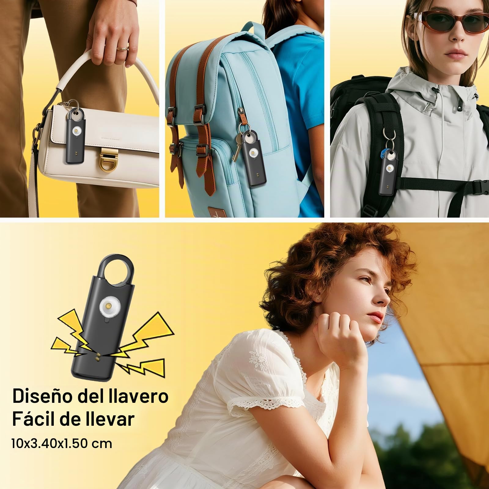 Qoosea Alarma de Seguridad Personal Recargable con Mosquetón - 135dB, Sensor de Vibración, Luz Estroboscópica & Botón de Emergencia para Viajeros de Negocios, Mochileros, Mujeres, Hombres(Negro)