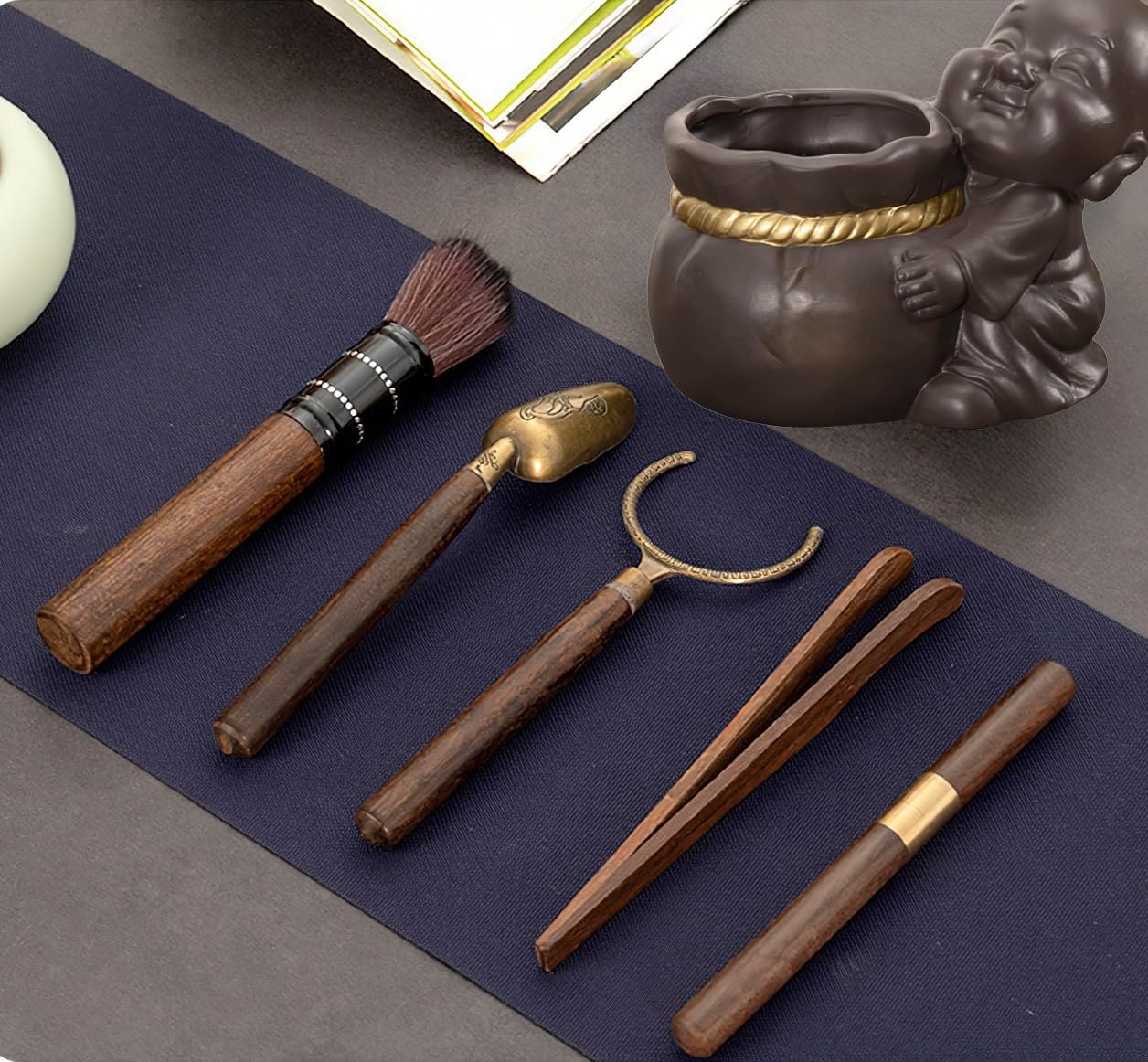Tea Ceremony Six Gentlemen Set, Chinese Gongfu Tea Making Tools，Multifunctional Tea Ceremony Accessories Combination for Rack Clip Knife Needle Spoon (Black) image 3