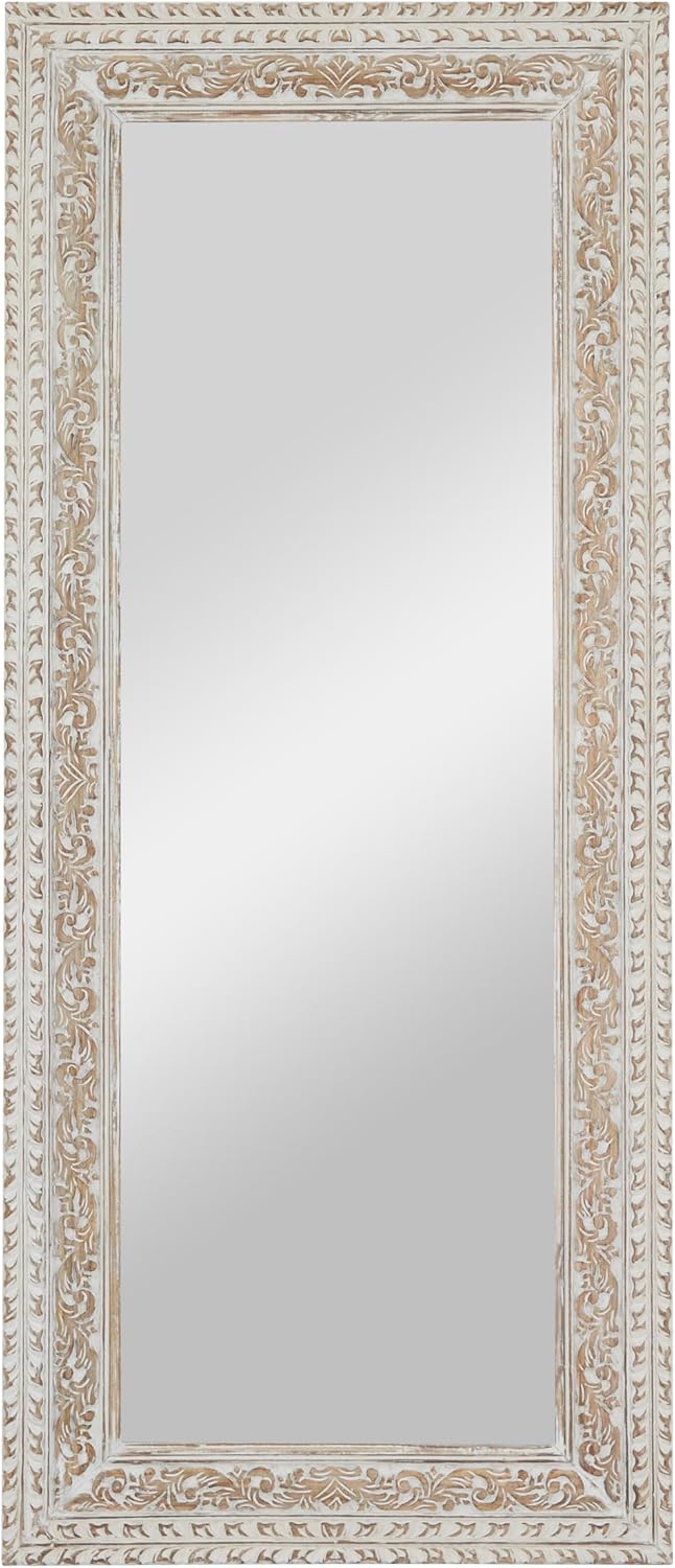 Deco 79 Mango Wood Scroll Vine Wall Mirror with Brown Carved Detail, 36" x 2" x 84", White