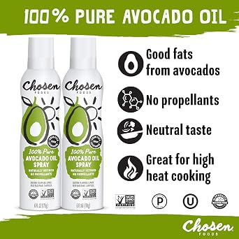 Chosen Foods 100% Pure Avocado Oil Spray, Keto Diet Friendly, Kosher Cooking Spray for Baking, High-Heat Cooking and Frying (6 oz, 2 Pack)