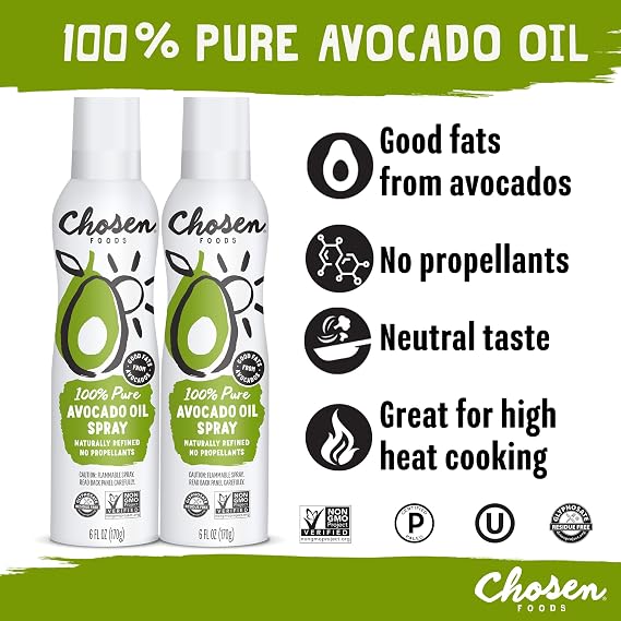 Chosen Foods 100% Pure Avocado Oil Spray, Keto Diet Friendly, Kosher Cooking Spray for Baking, High-Heat Cooking and Frying (6 oz, 2 Pack)