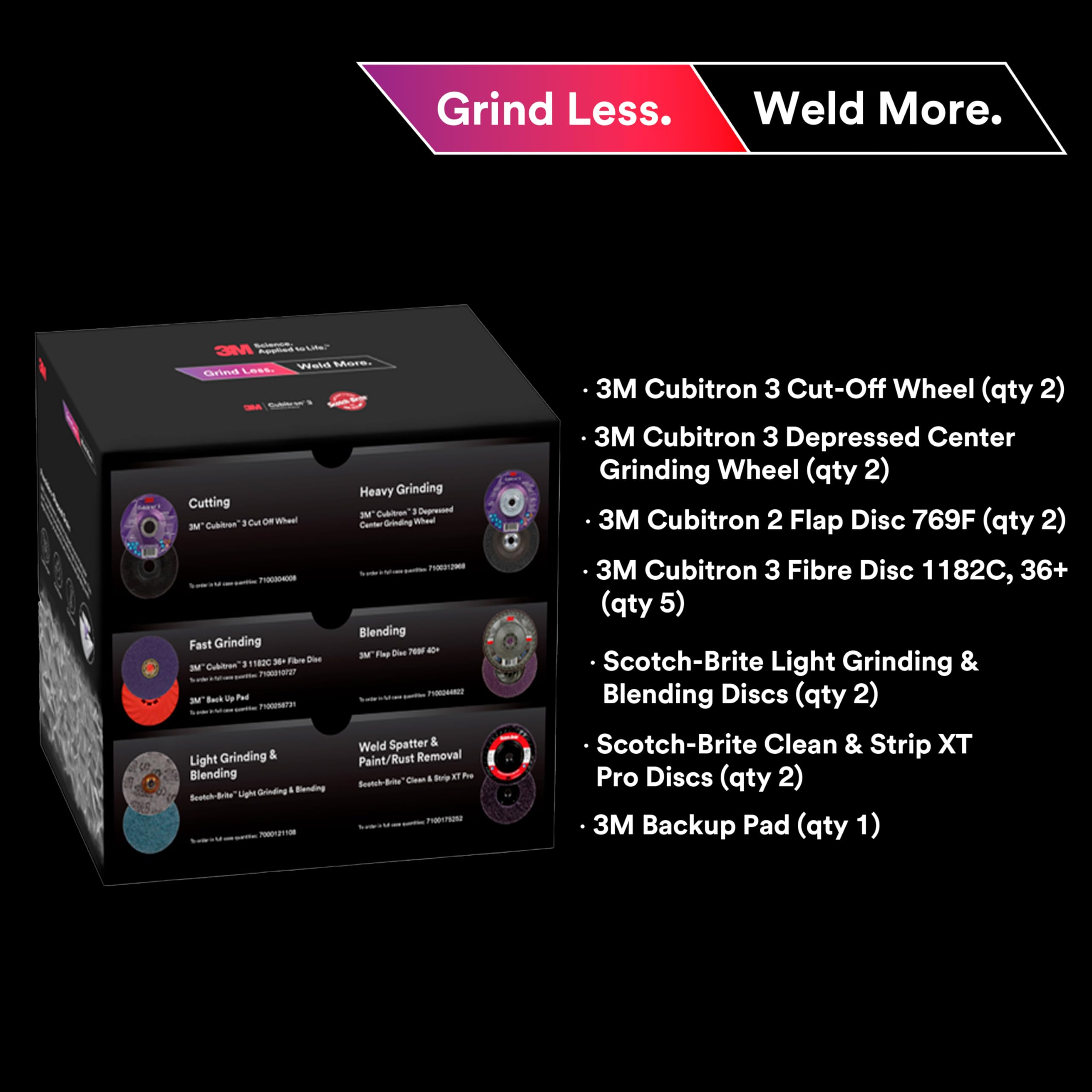 3M Grind Less Weld More Promo Kit, 67115, dischi da 4-1/2", kit di saldatura da 16 pezzi per taglio, smerigliatura, miscelazione, finitura, rimozione ruggine, sbavatura