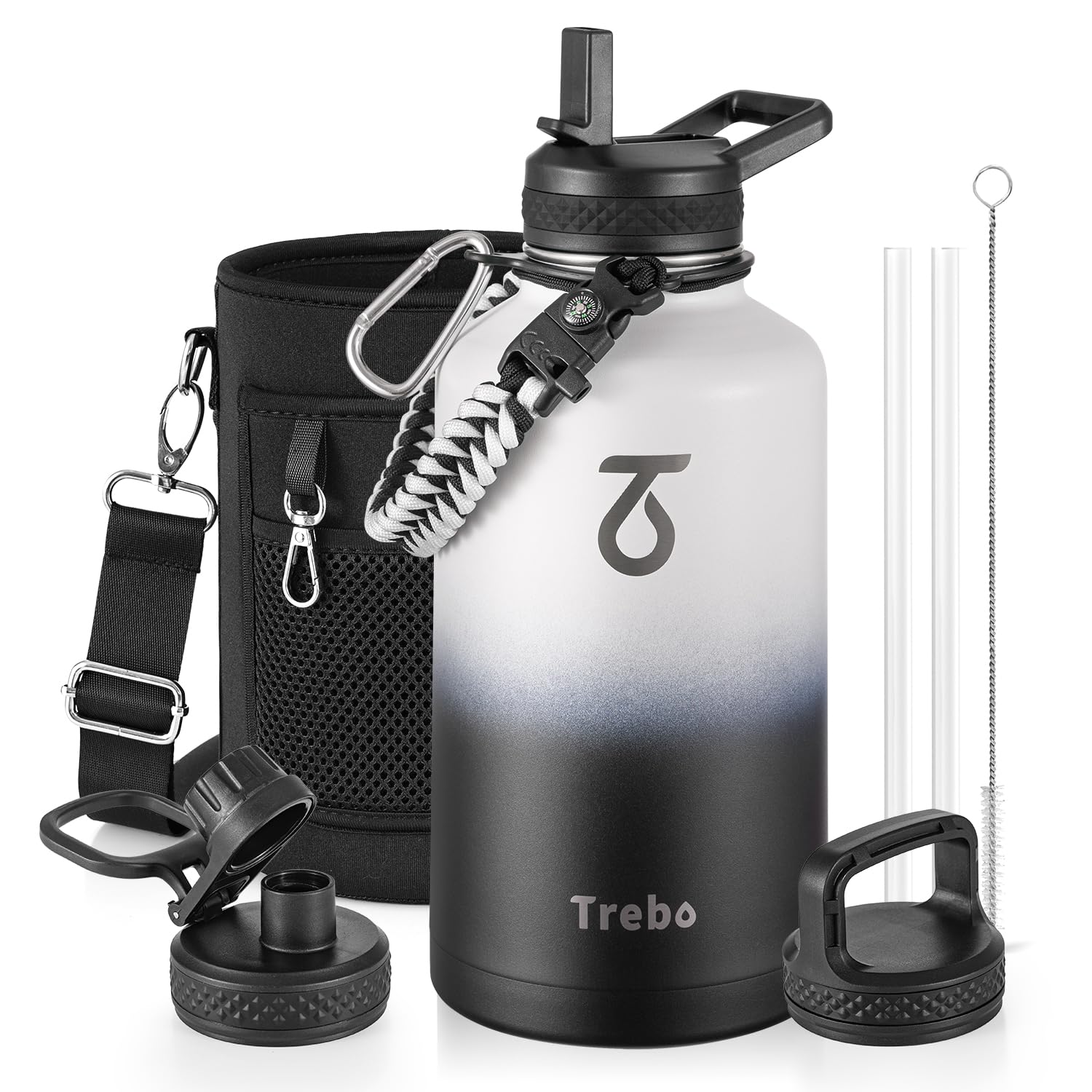 Trebo Borraccia Termica, Borraccia con Cannuccia Borraccia acciaio inox fredda per 48 ore Borraccia Termica Bottiglia in Metallo con Manico in Paracord, 1893 ml, Bianco e Nero
