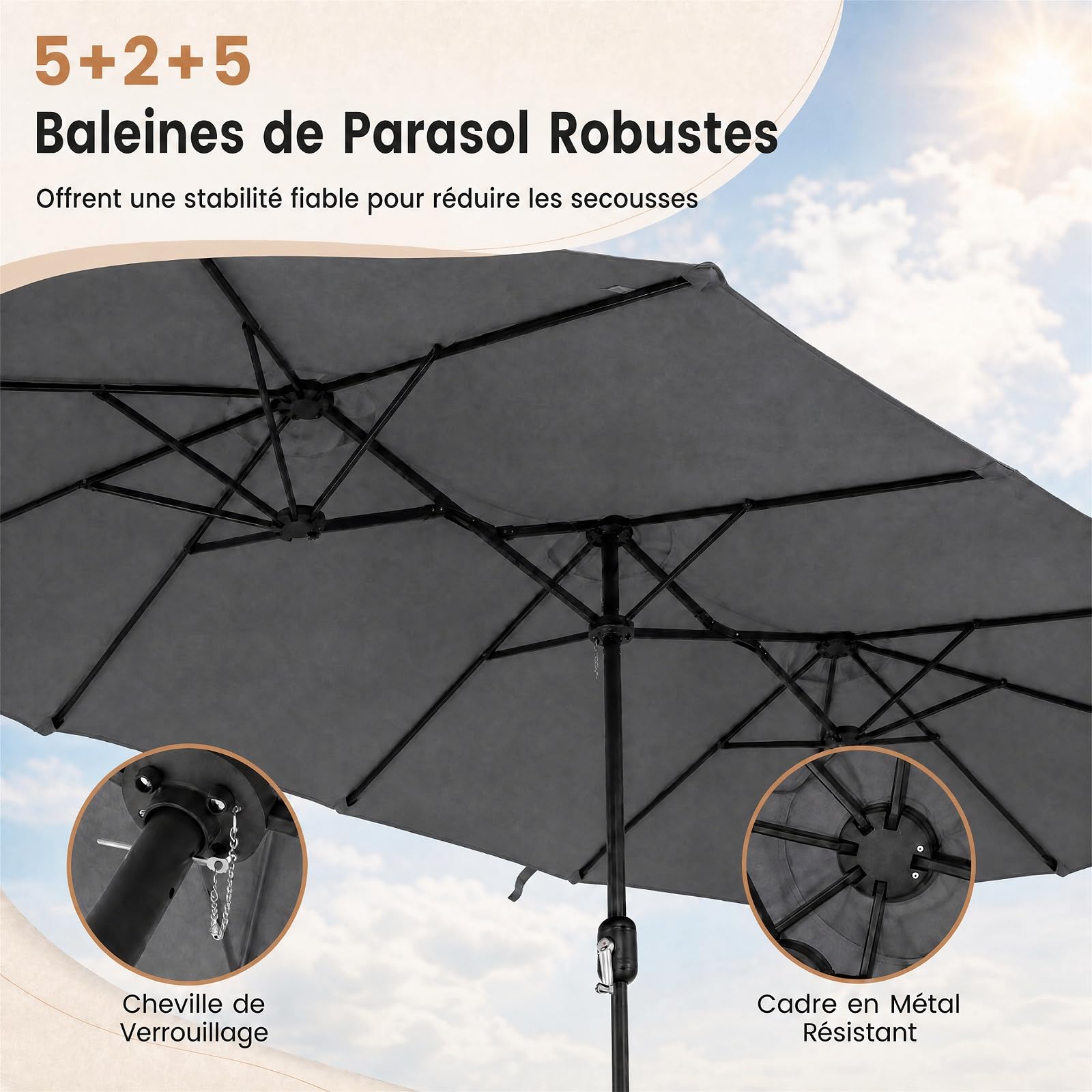 RELAX4LIFE Grand Parasol Double 4x2 M, Grand Parasol de Jardin Extérieur avec Manivelle, 12 Baleines, Toile Polyester Hydrofuge, Protection Solaire, Montage Facile pour Terrasse, Piscine (Gris)