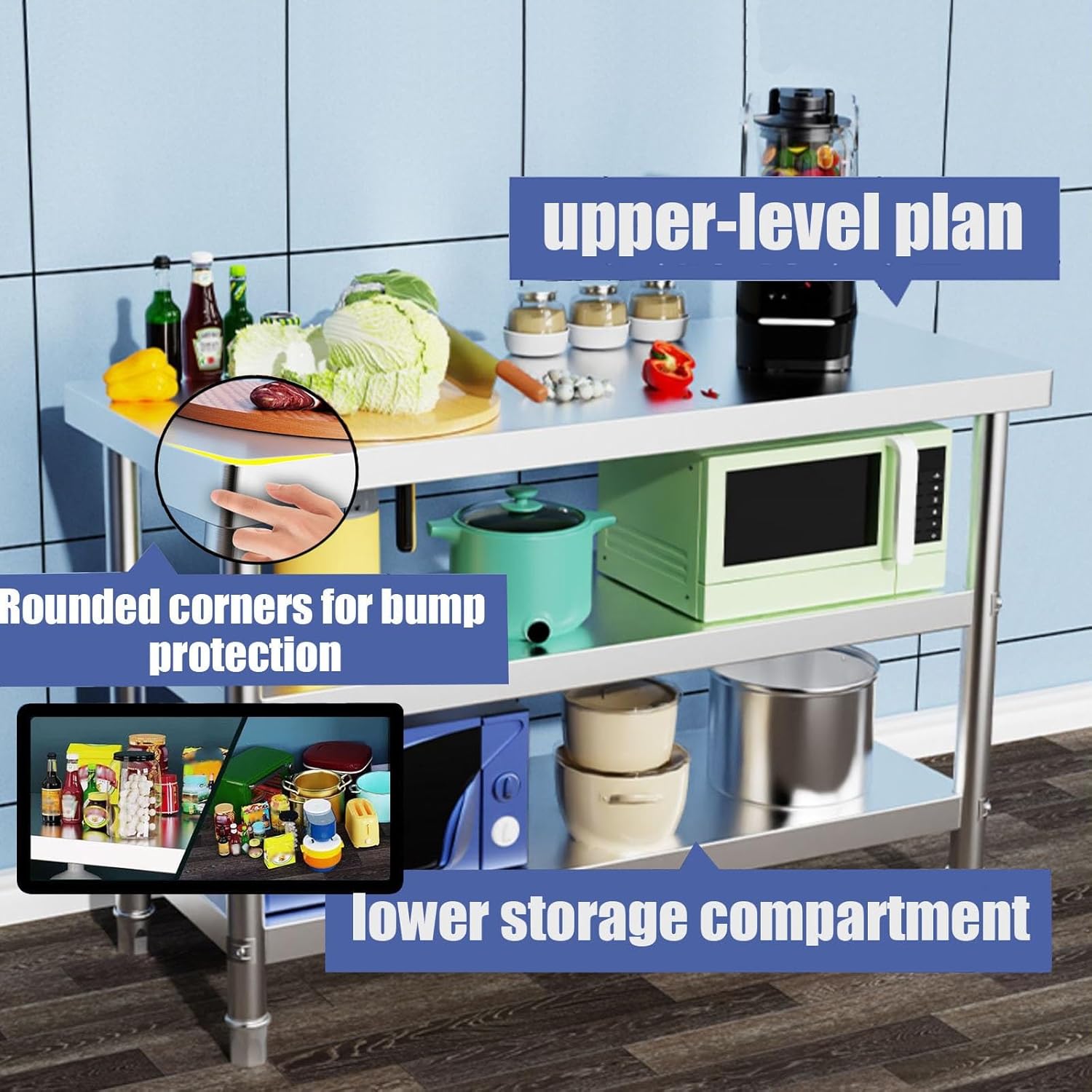 3-Tier Stainless Steel Workbench Open Kitchen Work Table with 2-Tier Thickened Partition Storage Rack Restaurant Prep Tables Multiple