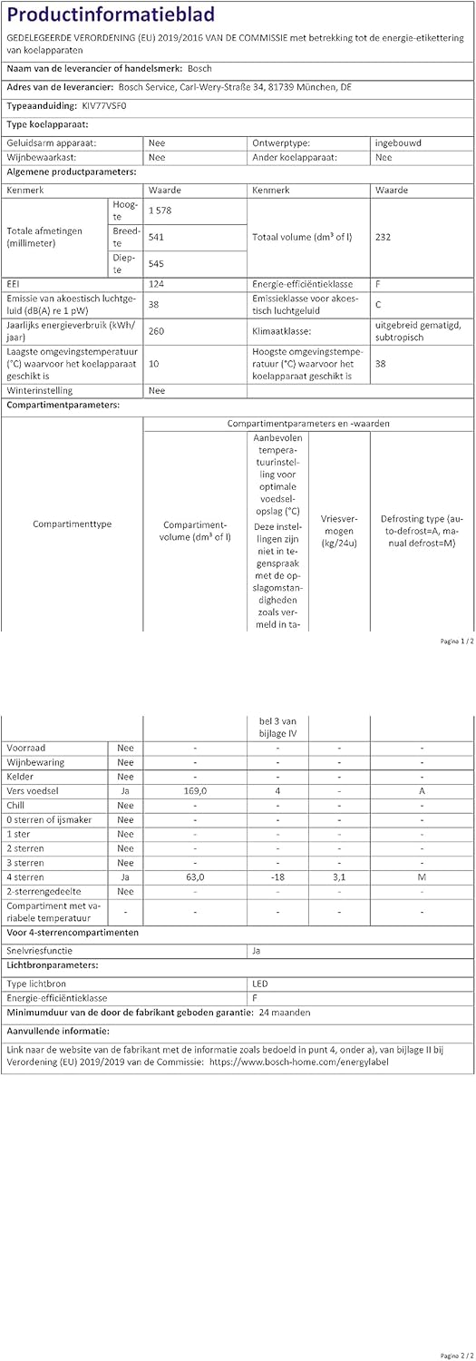 Bosch KIV77VSF0 Serie 4 - Frigorifero da incasso, classe A++, altezza nicchia 158 cm, 212 kWh/anno, vano frigorifero da 169 l, vano congelatore da 63 l, LowFrost, BigBox [Classe di efficienza energetica A++]