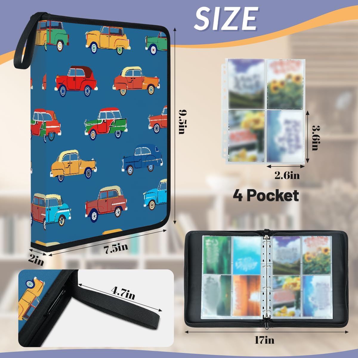 Sammelkartenbinder 4 Taschen, 400 Taschen, doppelseitige Karten-Aufbewahrungstasche mit abnehmbaren Hüllen, bunte Autos, Cartoon-Druck, Kartenhalter, Albumschutz-Set für Sammler