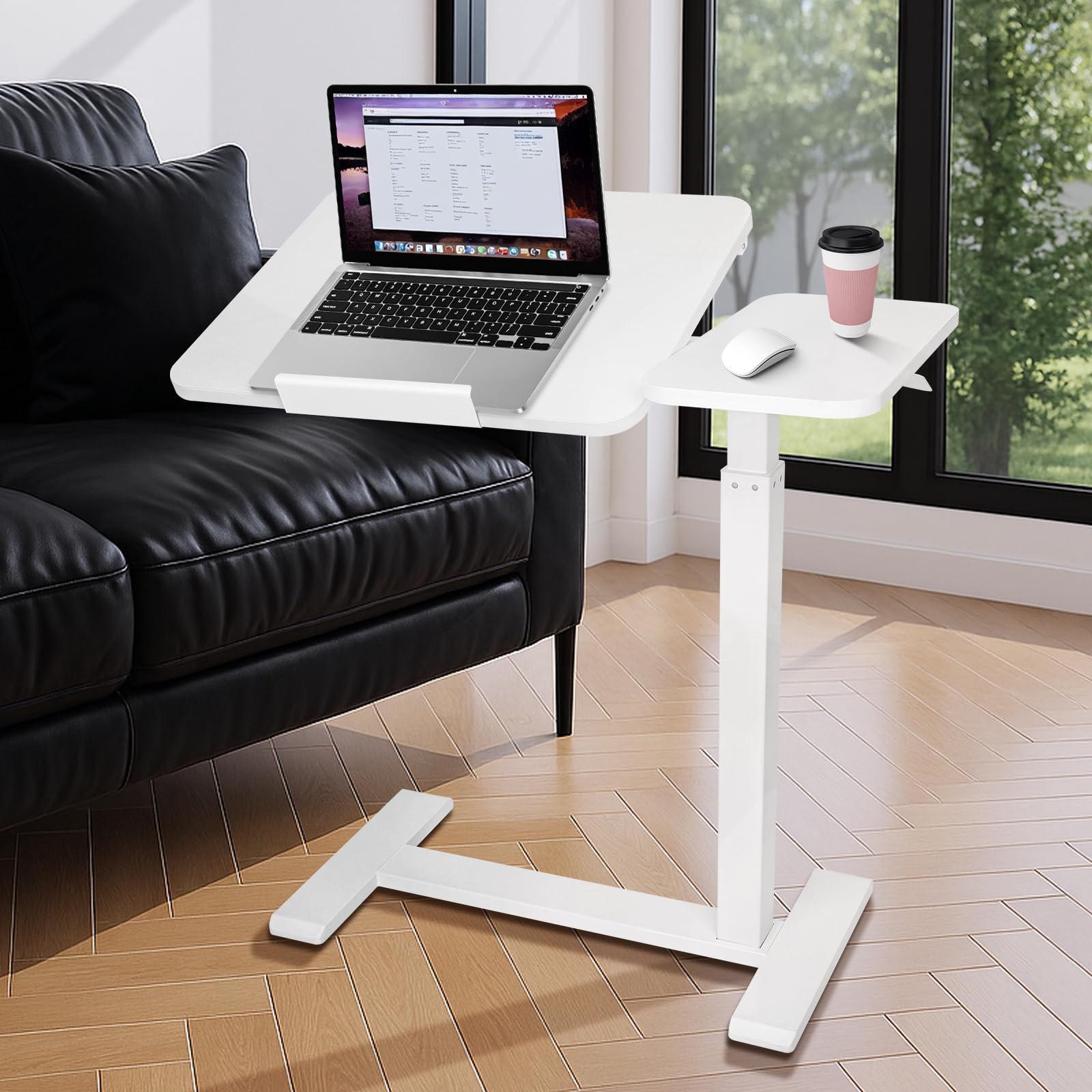 Mesa de Cama neumática Ajustable con Ruedas, Parte Superior Dividida, Mesa de Noche reclinable con Bandeja rodante para Ordenador portátil, Ordenador portátil, Altura 66-106 cm