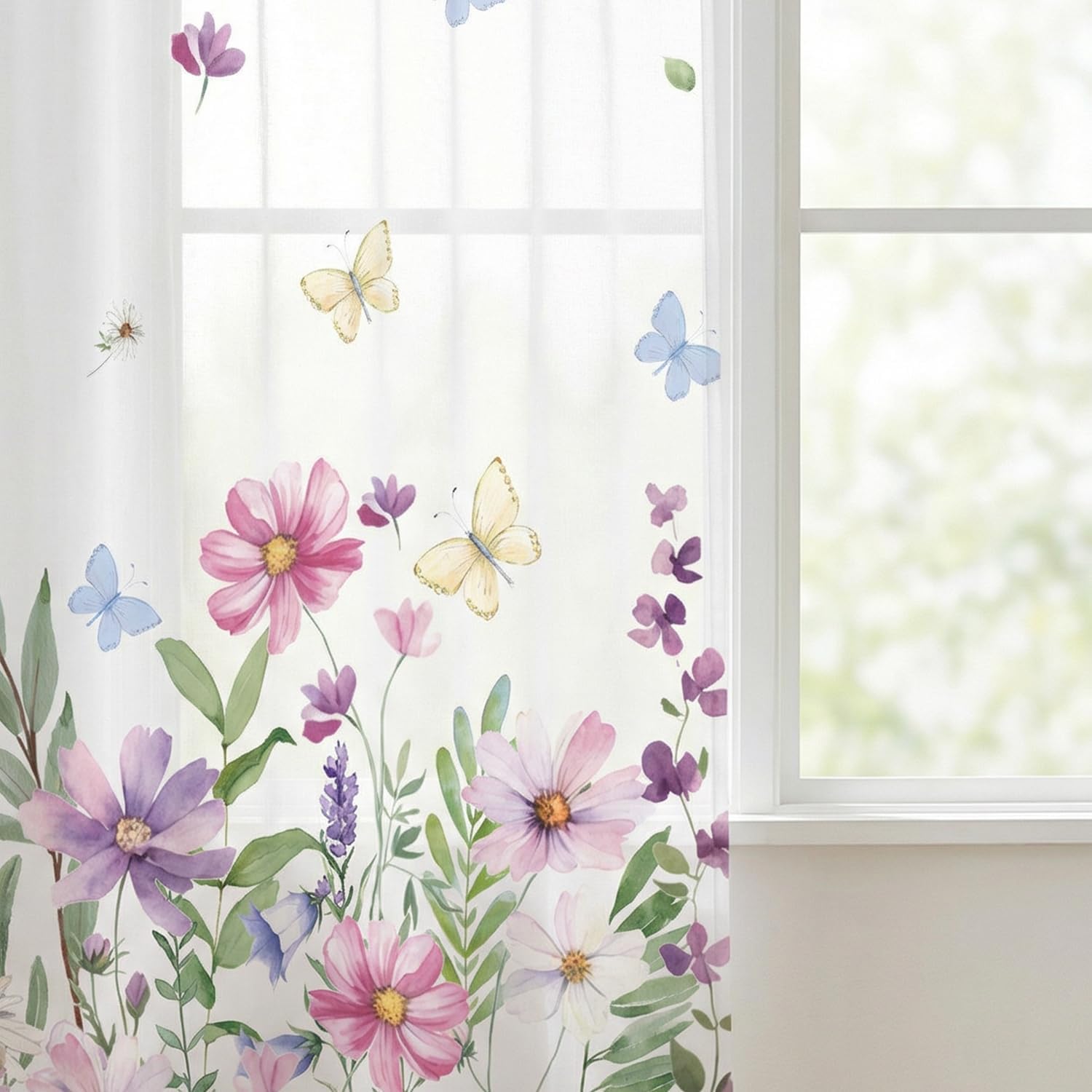 Horaldaily 2Pcs Floral Sheer Window Curtains 52x63in, Wildflower Butterfly