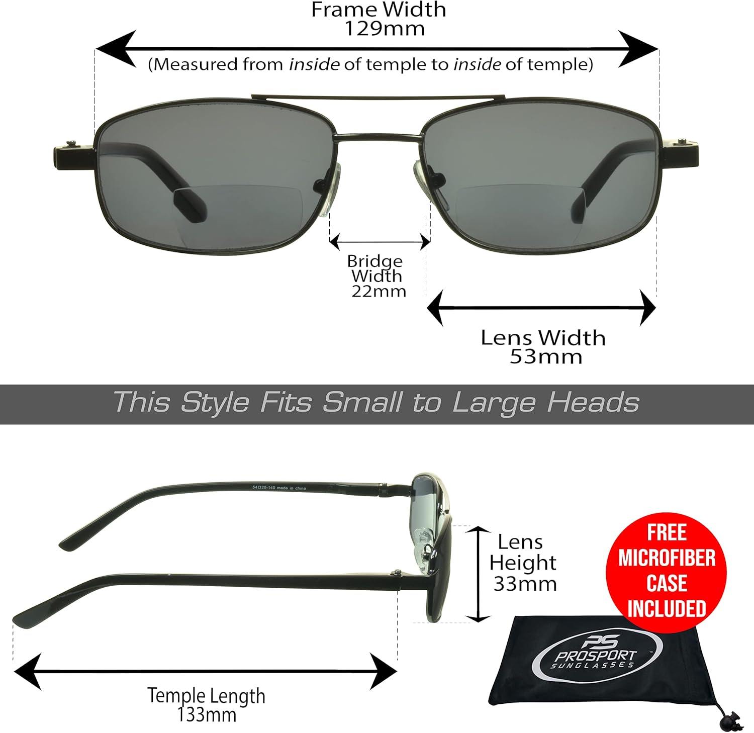 proSPORT Square Aviator Bifocal Sunglass Reader +1.00 Hinged Frame. Pack of Grey and Amber Lenses
