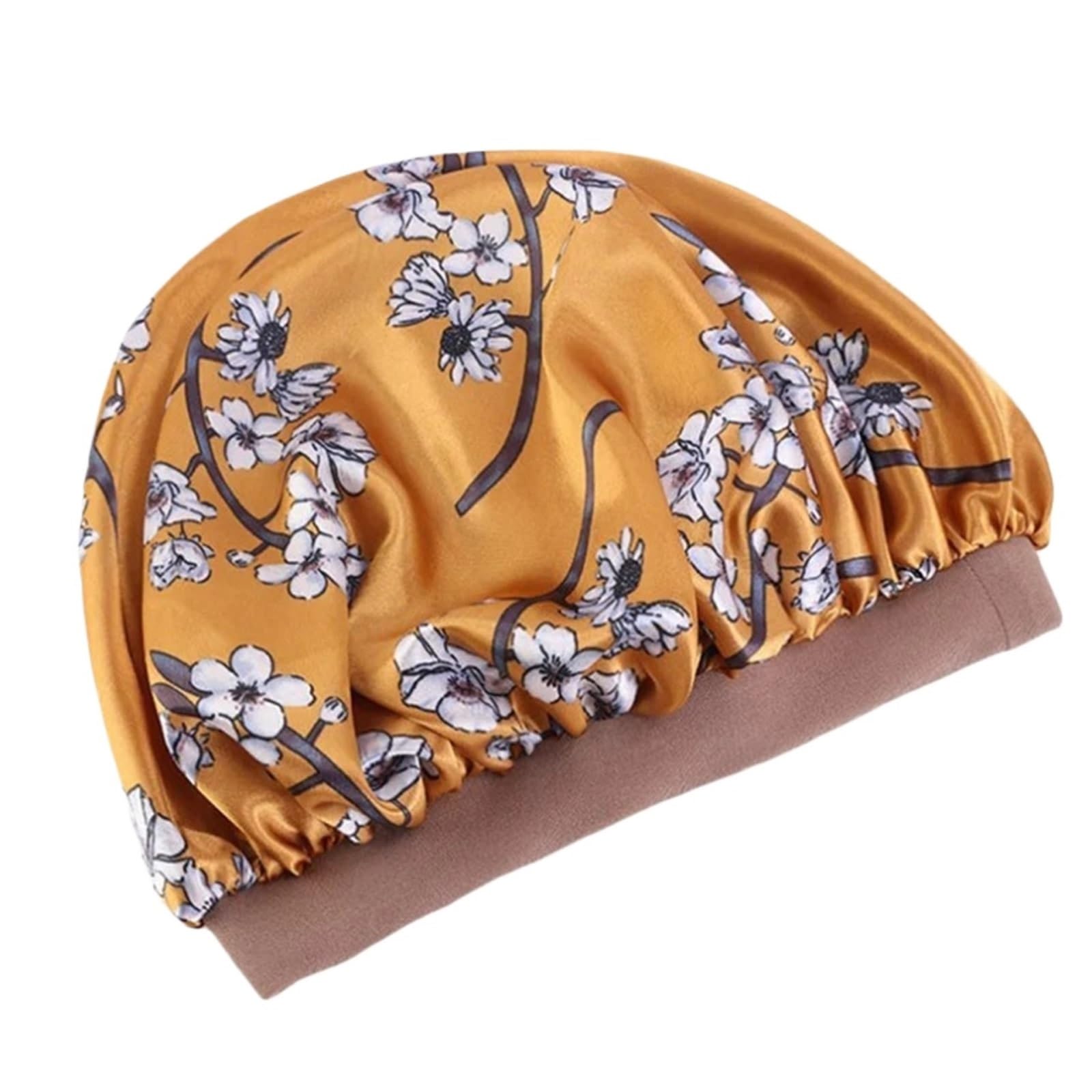 Cofano In Seta Cofano in raso con stampa for donna Fascia elastica larga for il sonno notturno Cappello in Avvolgere la testa Cura dei capelli(Yellow)