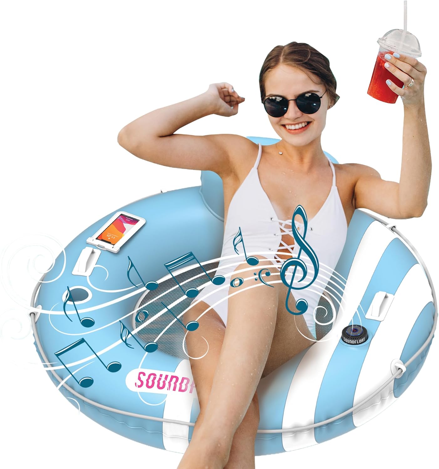 Inspired Living Pool Floats Adult Tube with Bluetooth 5 IPX7 Waterproof Speaker, Inflatable River Tube with Mesh Bottom, Lake Floats for Adults & Kids, Cup Holder, Backrest, Handles