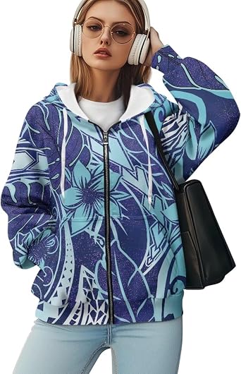 Womens Aztec Print Hoodies Casual Long Sleeve Zip Up Ethnic Western Drawstring Hooded Sweatshirts with Pockets