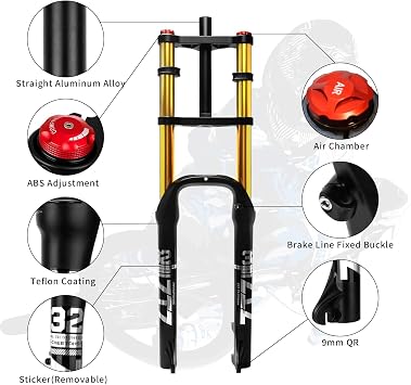 20/26 inch 4.0 Fat Tire Bike Air Suspension Fork - 180mm Travel, 135mm Hub Spacing, QR 9mm, Double Crown Shock Absorber Fork for MTB Fat Snow Beach E-Bike