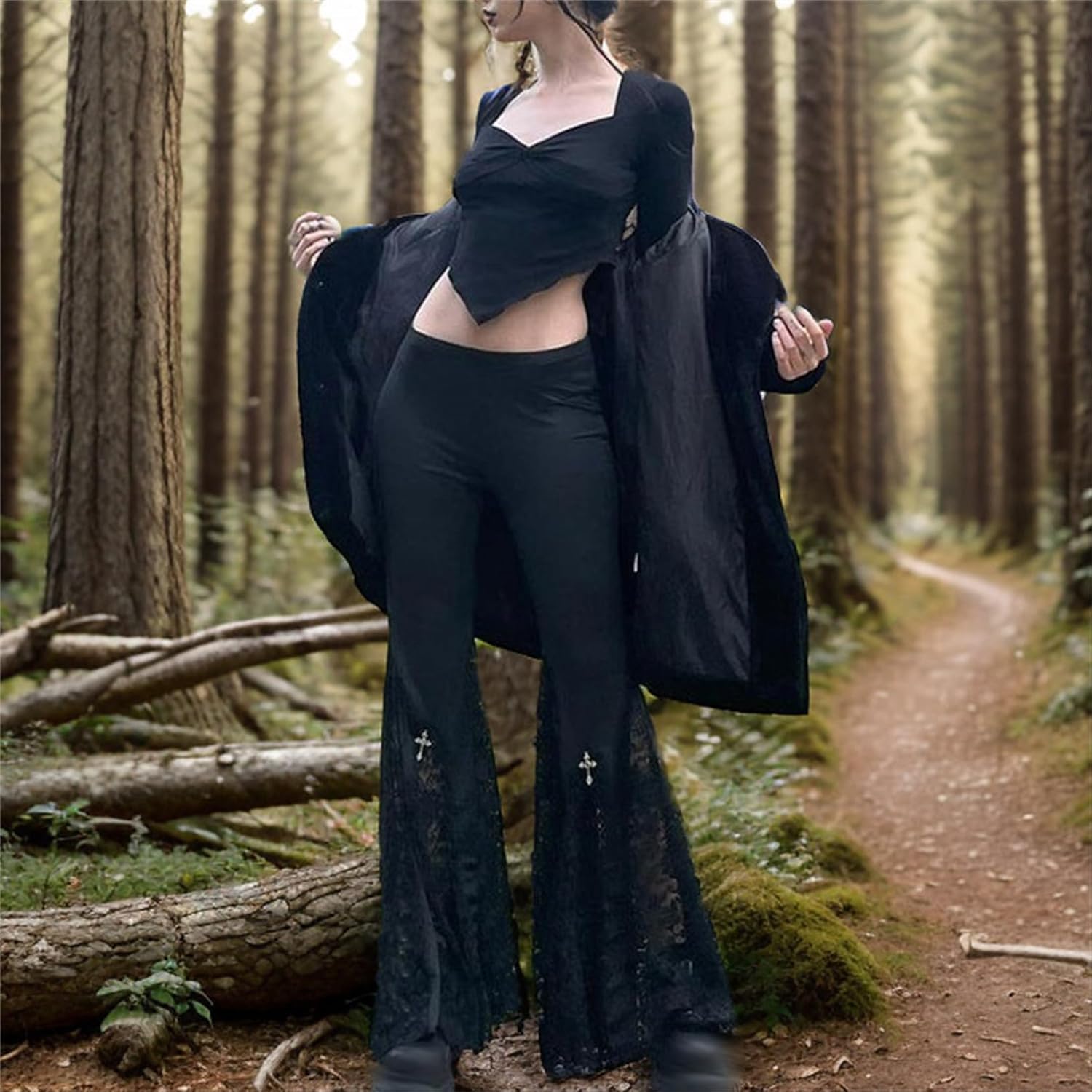 Goth Bell Bottom Pants for Women Punk Flare Stretch Y2k Emo 70s Black - Image 2