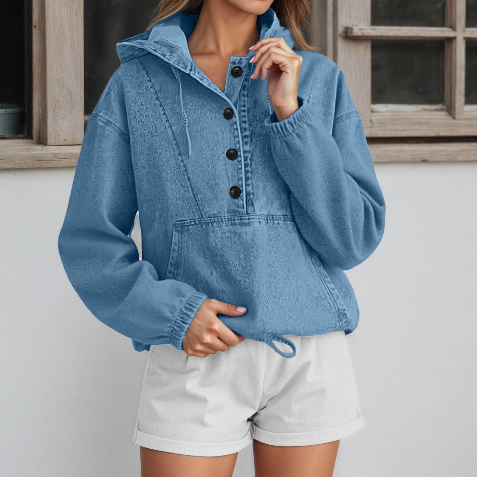 Chaqueta Vaquera con Capucha y Botones, Sudadera Informal con Bolsillos Delanteros para Moda Urbana