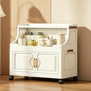 Collapsible Storage Bins with Lids, Foldable Storage Box with Doors and Wheels, 36QT Lockable kitchen cabinet organizer, White Plastic Drawers for Bedroom Office Garage（1 Pack 1 top lid）