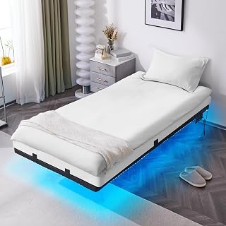 Bonnlo Bettgestell mit Lattenrost, Bett mit LED Beleuchtung, Metallbett Robust mit 1 AC-Steckdose und USB-C-Anschluss, Schwebenbett mit 36 cm Höhe schwarz (ohne matratze) (90 x 200 cm)