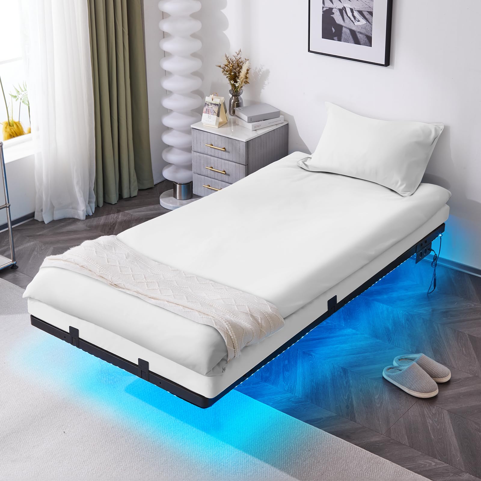 Bonnlo Bettgestell mit Lattenrost, Bett mit LED Beleuchtung, Metallbett Robust mit 1 AC-Steckdose und USB-C-Anschluss, Schwebenbett mit 36 cm Höhe schwarz (ohne matratze) (90 x 200 cm)