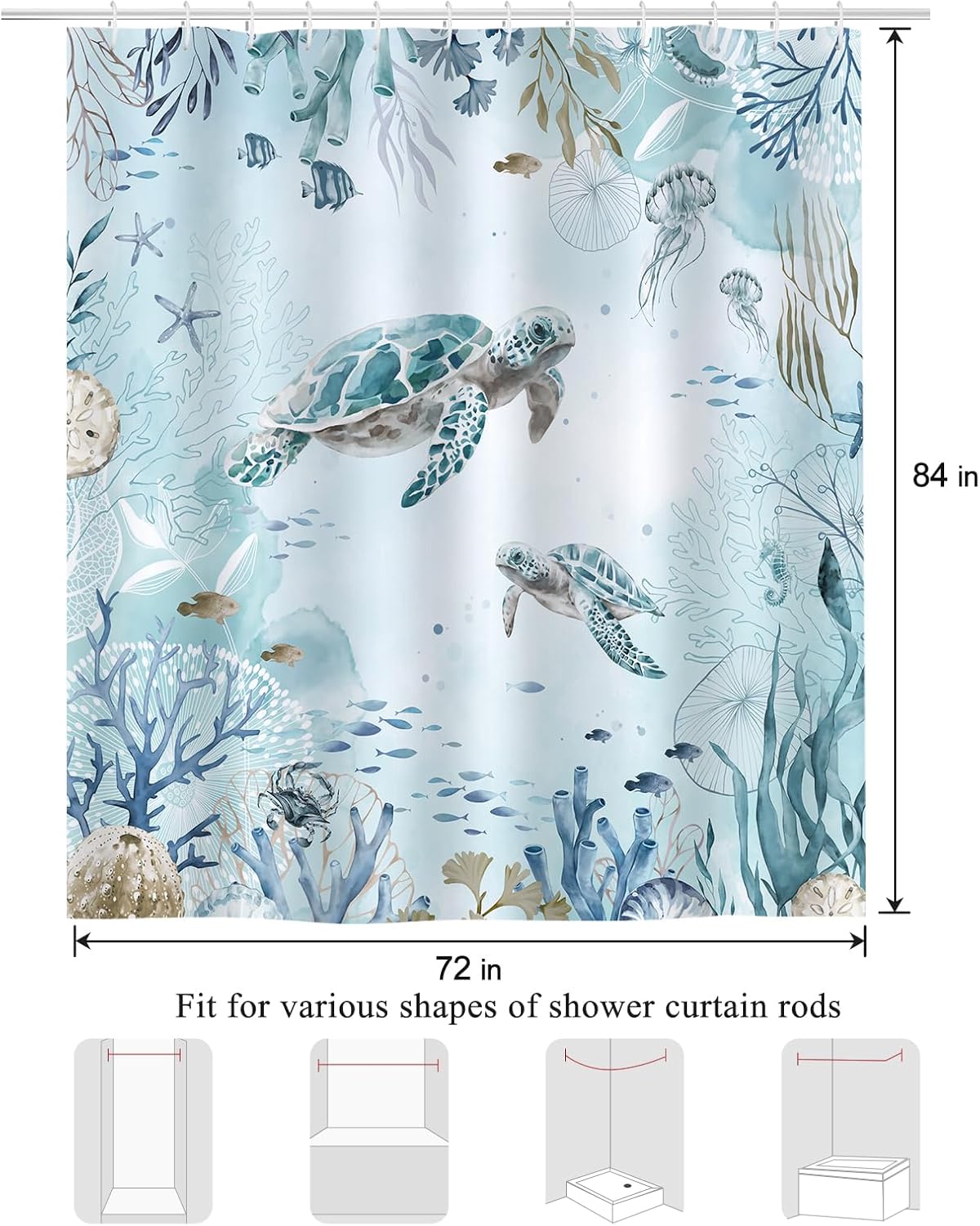 Bonhause Sea Turtle Shower Curtain, Teal Blue Ocean Beach Coastal Bathroom Decor 72 x 84 Inch Polyester Fabric Waterproof Bath Curtain with 12 Hooks