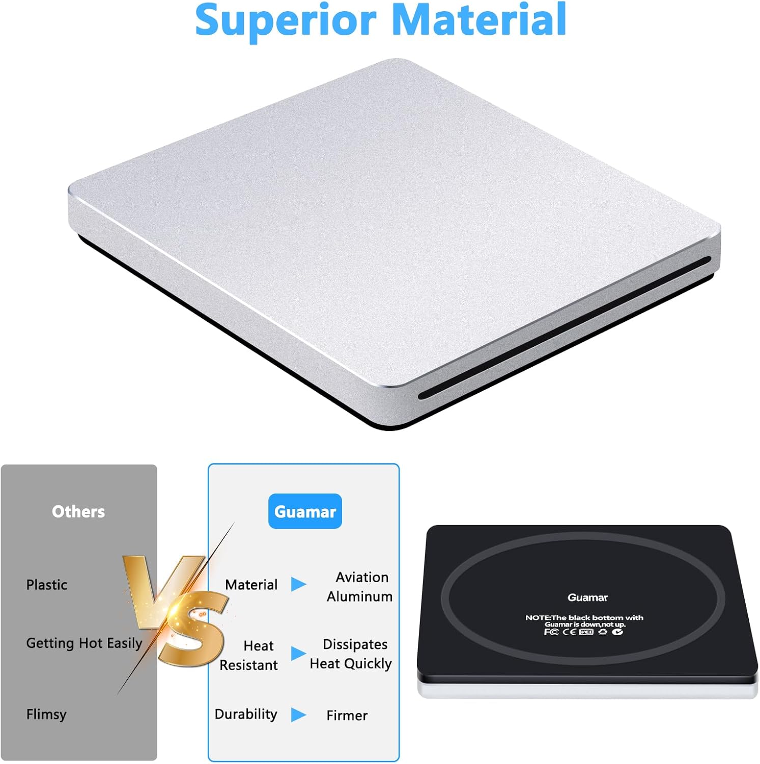 Guamar USB 3.0 Superdrive for Apple: External DVD Drive for Mac MacBook Plug & Play CD Reader Burner for Laptop PC Windows with USB-C Adapter/Carrying Case - Aluminum Silver