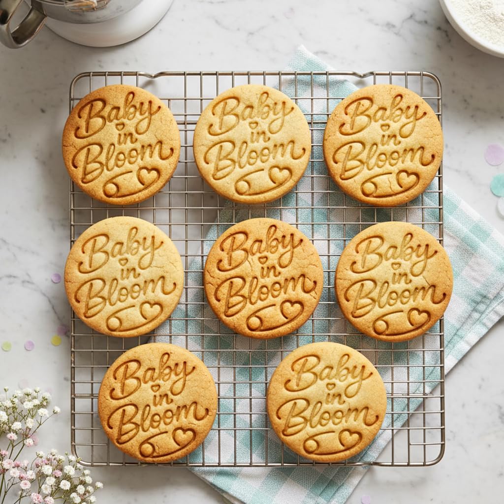 BAKERLOGY Baby in Bloom Cookie Cutter – Circular Outline with Nappy (Diaper) Pin Script Lettering Fondant Mold for Baby Shower, Spring Floral Theme, Gender Reveal Party Baking Tool