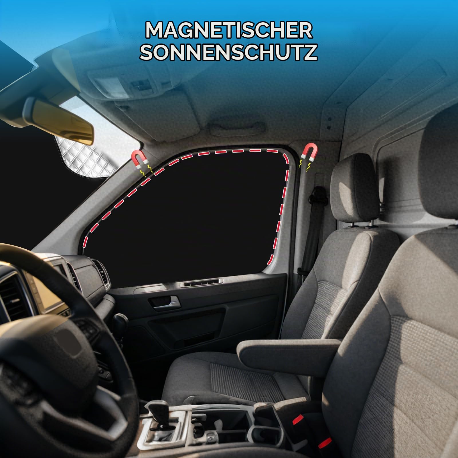 Windschutzscheiben-Sonnenschutz-Set für Ford Transit Custom, Faltbarer Stahlring Frontscheibenabdeckung und magnetischer Seitenfenster-Sonnenschutz passt für 2012-2022 Transit Custom Tourneo Custom