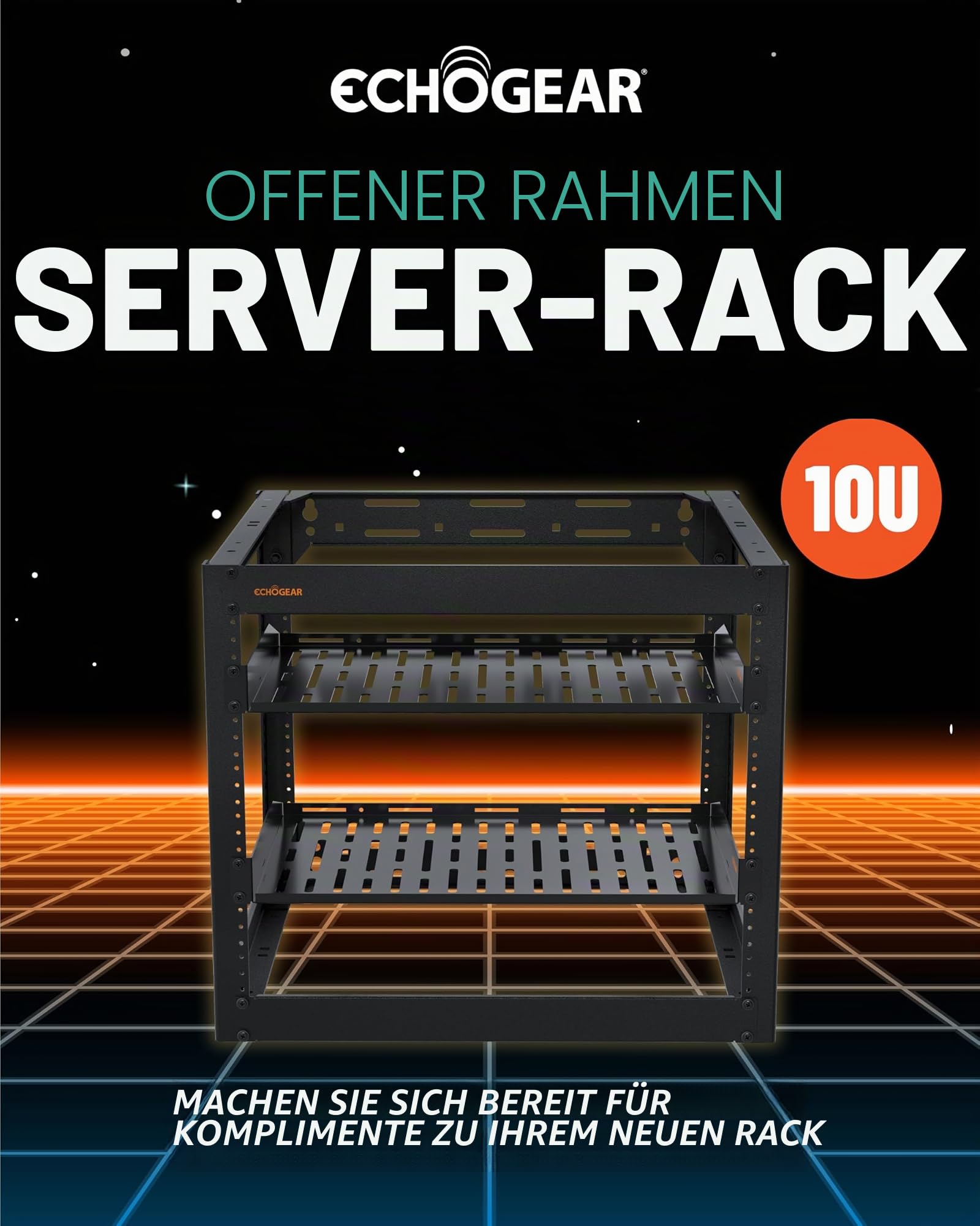 ECHOGEAR 10U Netzwerk-Rack, Wandmontage, Robustes 4-Pfosten-Design für alle Ihre Netzwerk- und AV-Geräte, offenes Rahmen-Design, inklusive 2 belüfteten 1U-Regalen und Montagezubehör