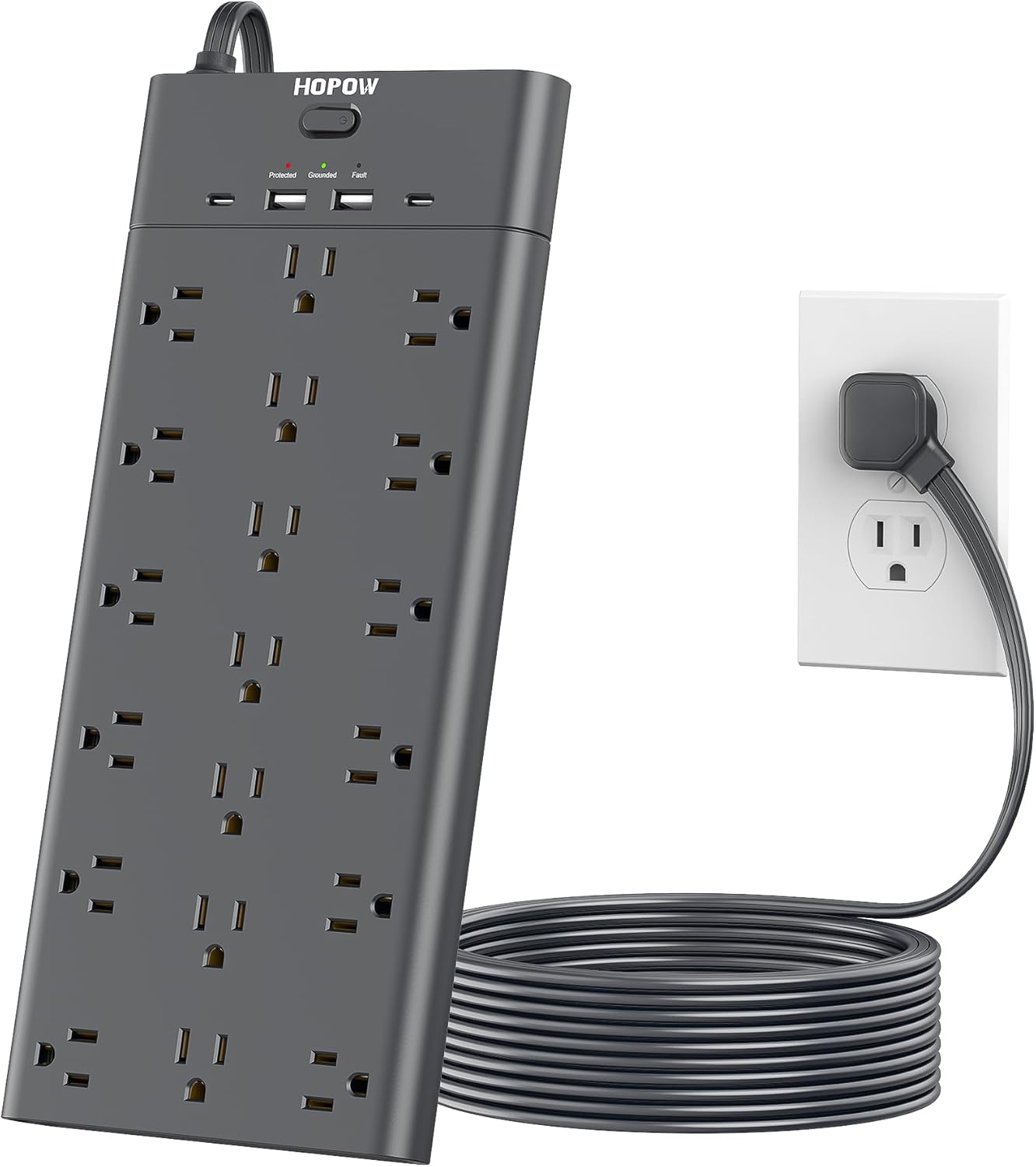 Surge Protector Power Strip, HOPOW 19 Outlets and 4 USB Ports, 10 Ft Flat Plug Heavy Duty Extension Cord, 1875W, 2100J Surge Protection, Wall Mount for Home, Office, Gaming Room, Dorm, Black