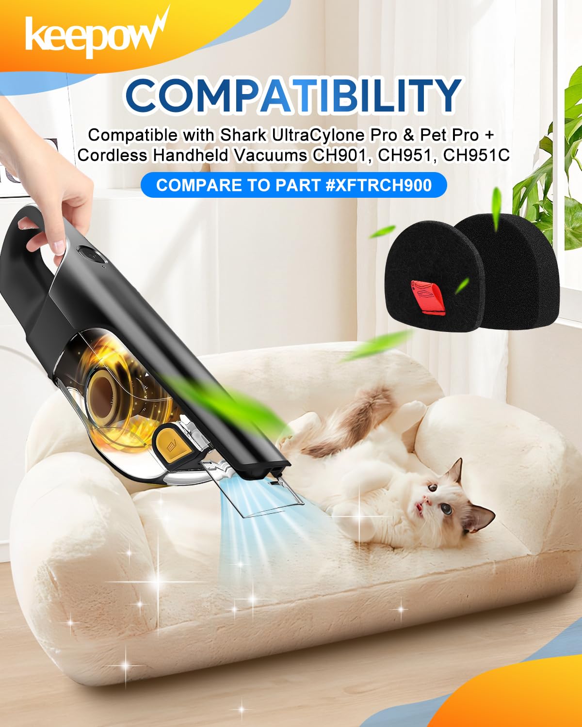 KEEPOW Vacuum Filters Compatible with Shark UltraCyclone Pet Pro Plus Cordless Handheld Vacuum, 2 Pack Filter Replacement for Shark CH901 CH950 CH951 CH951C CH900WM XL Dust Cup Filter, Part #XFTRCH900