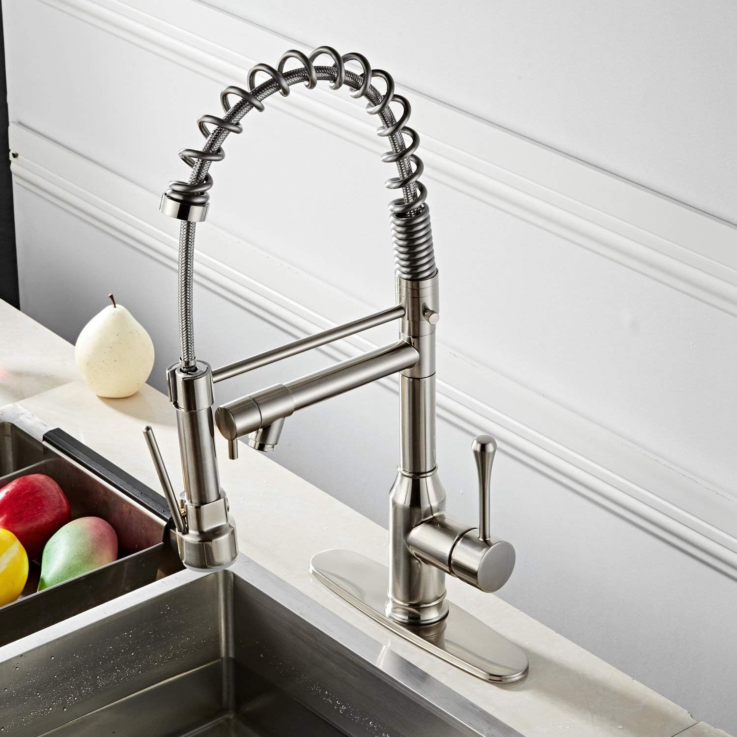 Suреr Bіg Clеаrаnсе! Kitchen Faucet with Pull Down Sprayer Nickel Brushed - Modern Single Handle High Arc,Single Level Brass Kitchen Sink Faucets With Deck Plate,Beelee BL7091NP