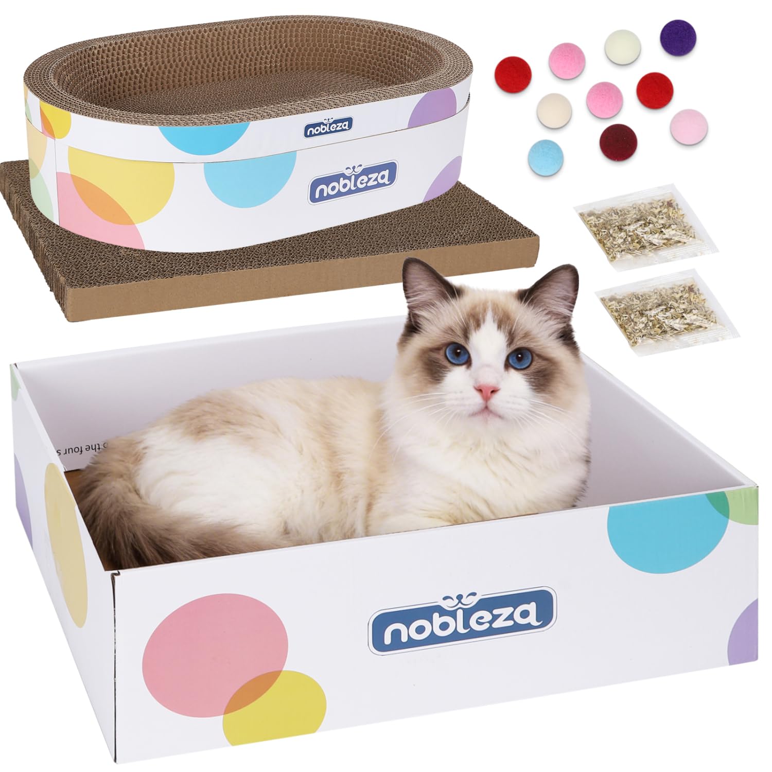 Nobleza 4-in-1 Kratzbrett für Katzen aus Wellpappe, Inklusive ovalem Kratzbett, flachem Kratzbrett, Karton, Spielzeugbällen und Katzenminze