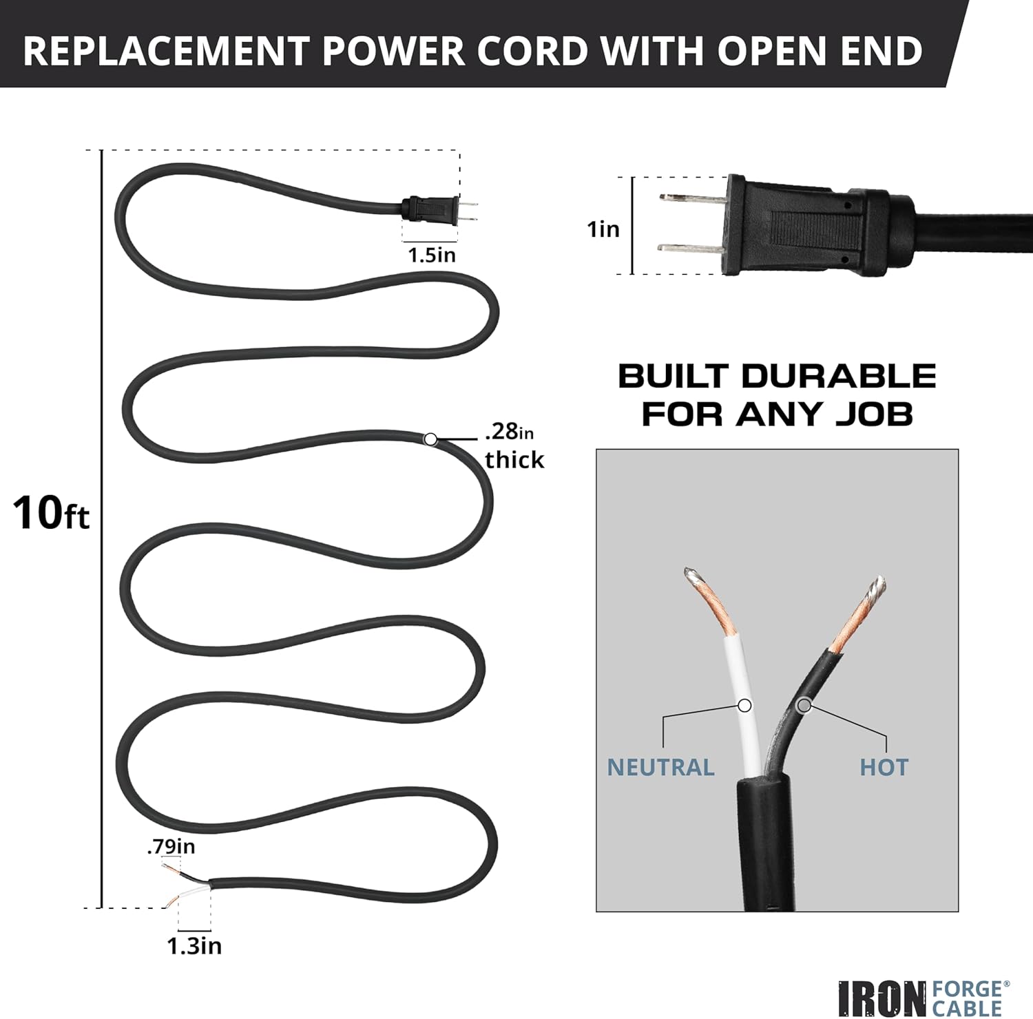 Iron Forge Cable 10 Amp Power Cord Replacement Two Prong Polarized Plug with Open End - 10 ft Black Extension Cable, 18 Gauge - 2 Wire 18/2 SJT