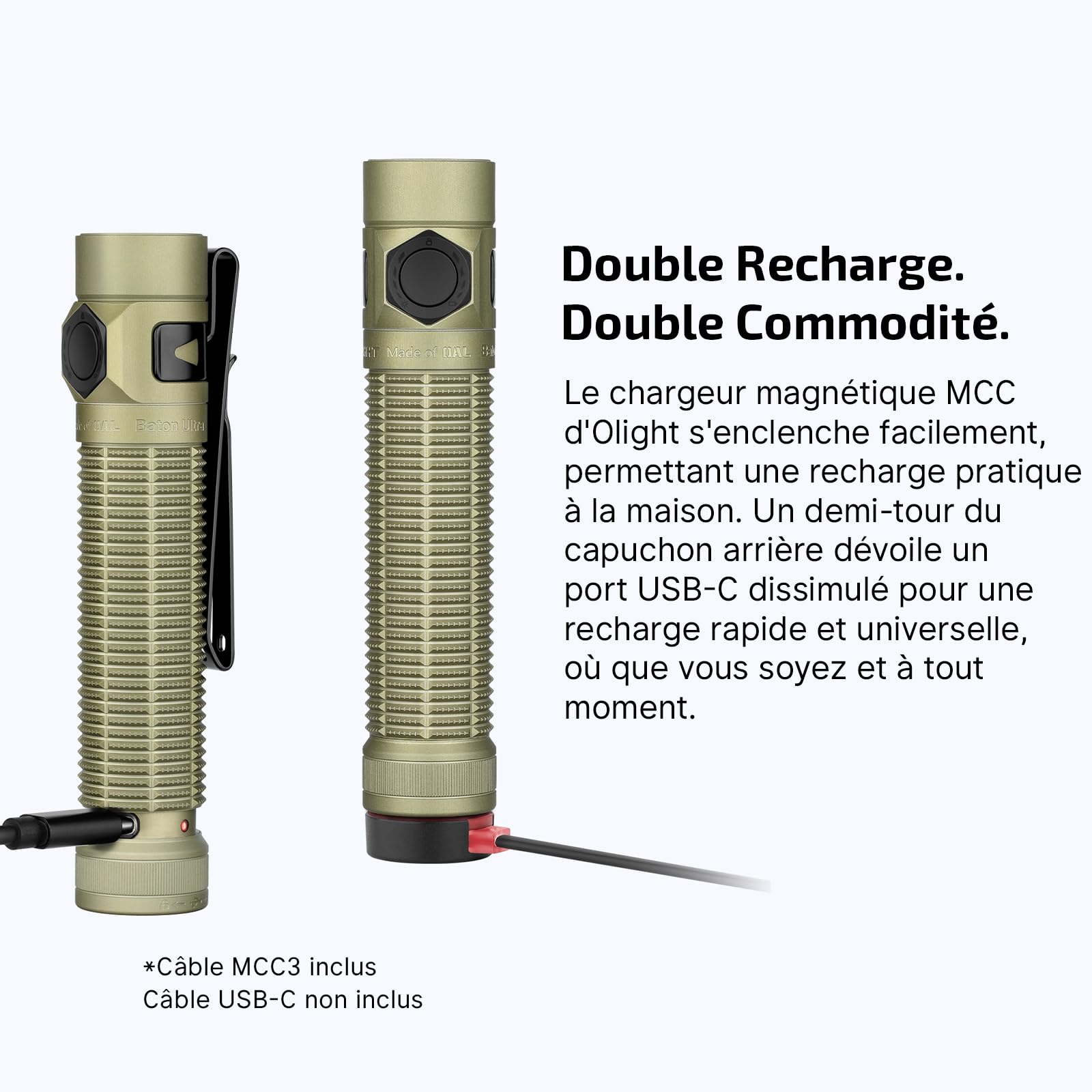 OLIGHT Baton Ultra Lampe Torche Rechargeable EDC, 1800 Lumens, Portée 300m, LED EIP 1, Superalliage OAL, Etanche IPX8, Double Interrupteur, pour Exploration Extérieure Travail Urgences, Vert Olive