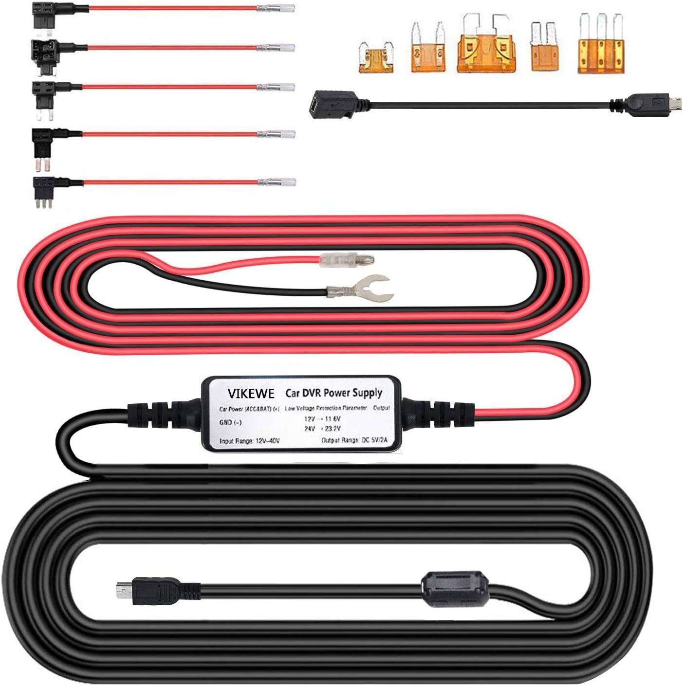 VIKEWE Dash Cam Hardwire Kit with Mini and Micro USB Port, 4m Car Charger Cable 12V-24V to 5V, Battery Drain Protection, 5 Fuse Kit with ACU/ACN/ACZ/Micro2/Micro3 for Dash Cam, GPS Navigator